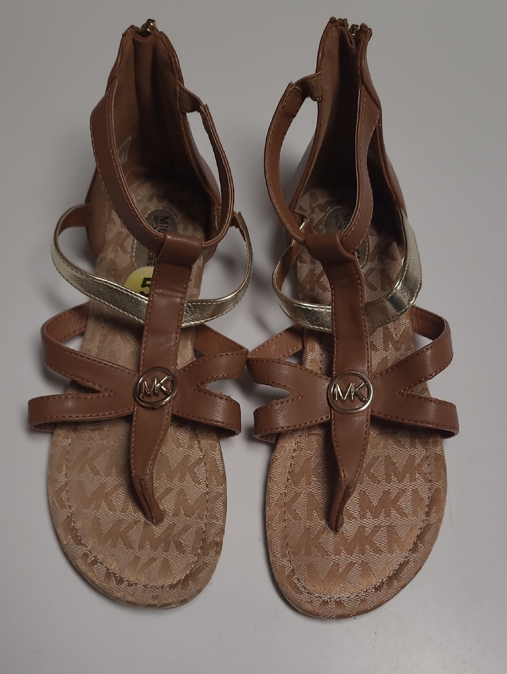 Michael Kors Brown and Gold Leather T-Strap Sandals - Size 5